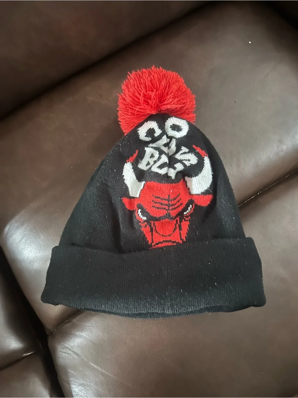 Kids Black and Red Pom-Pom Beanie Hat with Bull Logo